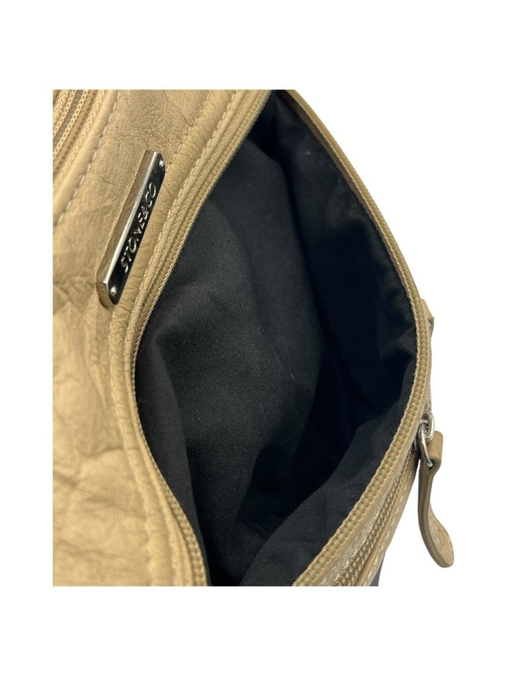 Stone & Co Cross Body Shoulder Bag Beige & Black Multi Zipper Faux Leather - Picture 14 of 16